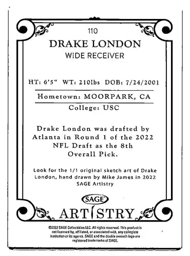 2022 SAGE Artistry Silver Border #110 Drake London EX/NM ID:56676 - Football Card Single