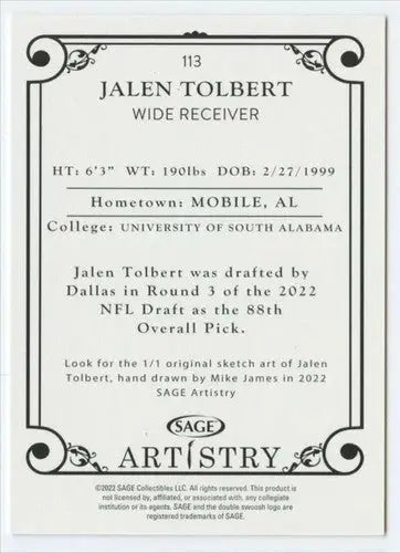 2022 SAGE Artistry Silver Border #113 Jalen Tolbert NM Near Mint ID:66146 - Football Card Single