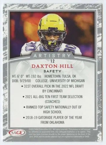 Daxton Hill football card with Sage Artistry Silver border from 2022 Sage Artistry series