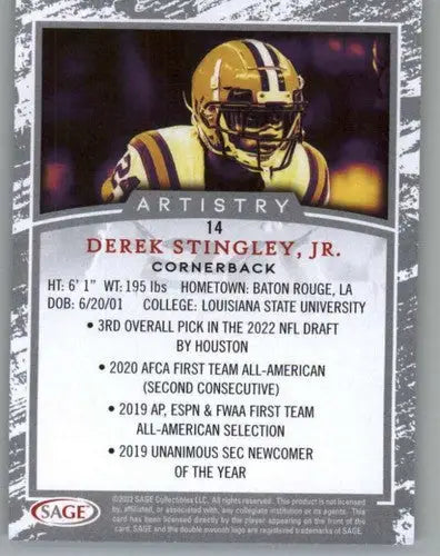 2022 Sage Artistry Silver Border Derek Stingley Jr. football card in near mint condition
