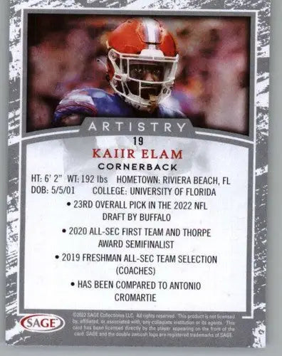 2022 Sage Artistry Silver Border Kaiir Elam football card with original gloss NM-MT