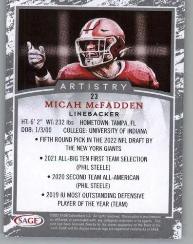 2022 SAGE Artistry Silver Border Micah McFadden football card in near mint condition