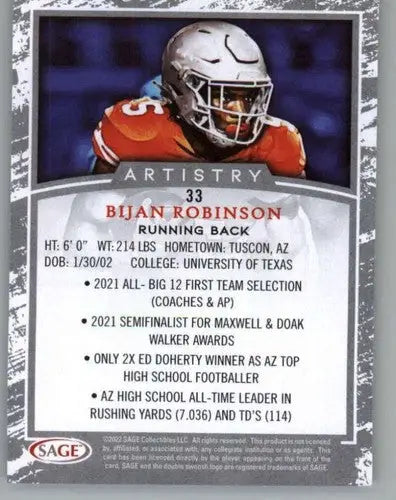 2022 SAGE Artistry Silver Border #33 Bijan Robinson NM-MT ID:56684 - Football Card Single