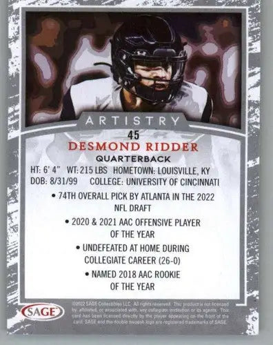 Desmond Ridder football card with original gloss in Sage Artistry Silver border NM