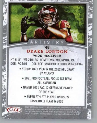 2022 SAGE Artistry Silver Border #46 Drake London NM Near Mint ID:66122 - Football Card Single