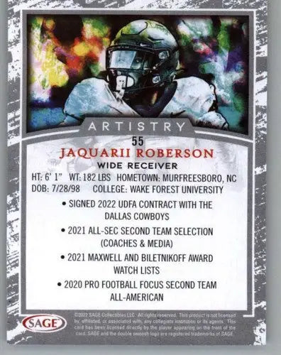 Football card featuring 2022 Sage Artistry Silver Border Jaquarii Roberson Near Mint