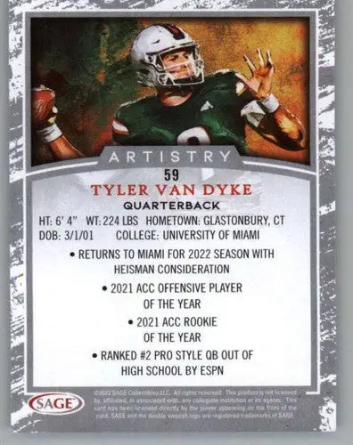 Tyler Van Dyke football card with artistry silver border from 2022 SAGE Artistry Silver