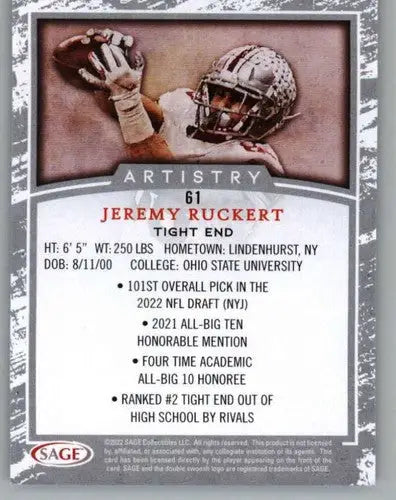 Jeremy Ruckert football card from Sage Artistry Silver Border collection in Near Mint condition