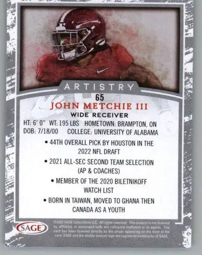 Football player trading card featuring John Metchie III from Sage Artistry Silver Border collection