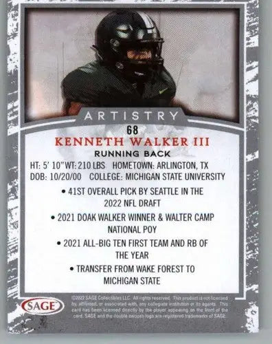 Kenneth Walker III football card from 2022 SAGE Artistry Silver Border collection