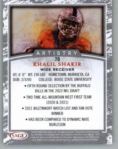Original gloss Khalil Shakir football card in Sage Artistry Silver border from 2022 SAGE Artistry Silver series