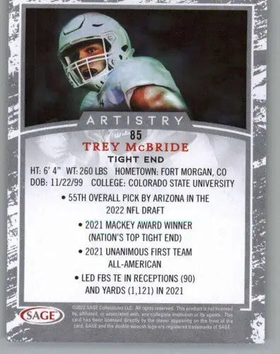 2022 SAGE Artistry Silver Border Trey McBride football card for collectors