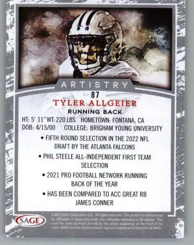 2022 SAGE Artistry Silver Border #87 Tyler Allgeier NM-MT ID:56686 - Football Card Single