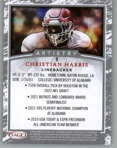 Christian Harris football card from Sage Artistry Silver Border collection perfectly preserved