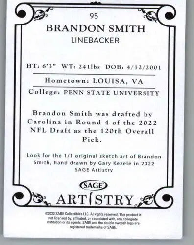 Brandon Smith football card from 2022 Sage Artistry Silver Border series in Near Mint condition