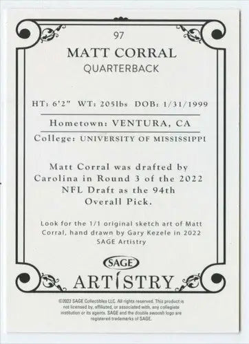 2022 SAGE Artistry Silver Border #97 Matt Corral NM Near Mint ID:66141 - Football Card Single