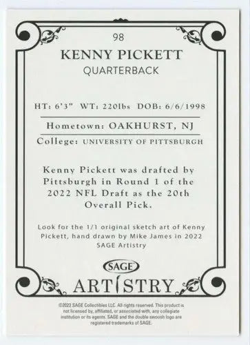 2022 SAGE Artistry Silver Border #98 Kenny Pickett NM Near Mint ID:66143 - Football Card Single