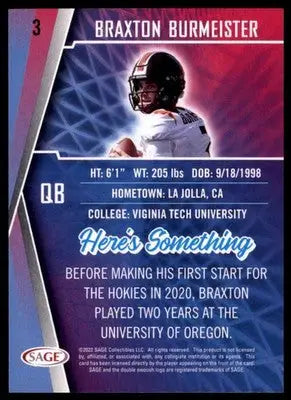 2022 SAGE Braxton Burmeister 3 Virginia Tech Hokies