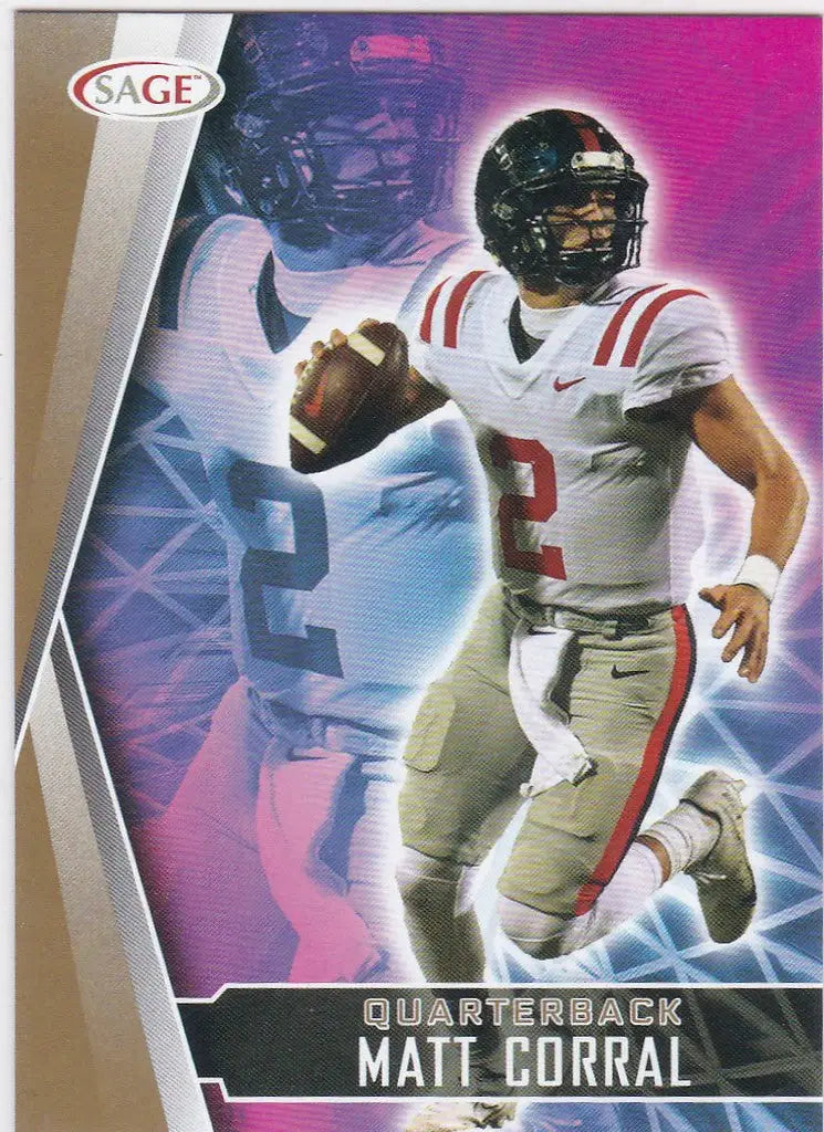 Football trading card of Matt Corral in white and red uniform, Sage Hit Gold RC Rookie