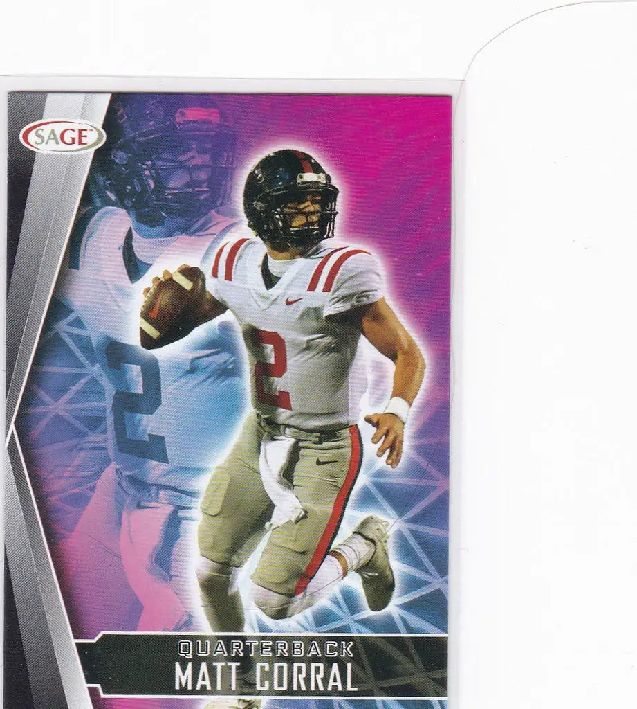 Football player in white uniform with football, showcasing Matt Corral RC Rookie Sage Hit