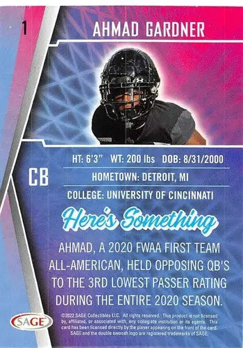 Original gloss Ahmad Gardner football card from Sage Low Series 2022 Simply Sandoval