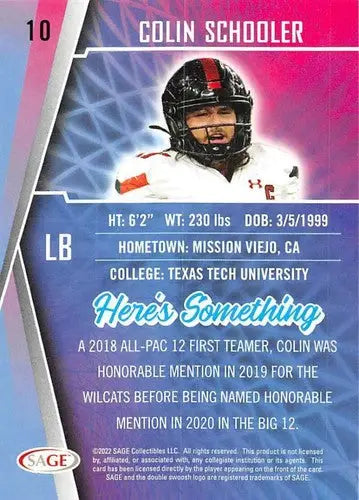 Original gloss 2022 Sage Low Series Colin Schooler football card displayed in Simply Sandoval