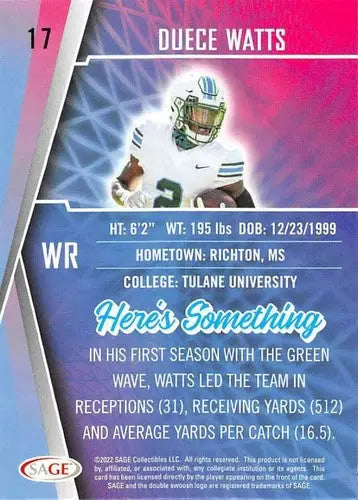 2022 Sage Low Series Duece Watts football card with original gloss by Simply Sandoval