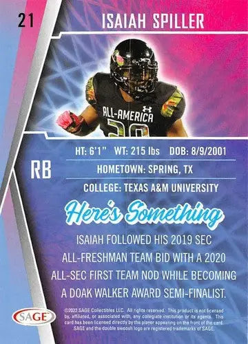 Isaiah Spiller football card from 2022 Sage Low Series with original gloss by Simply Sandoval