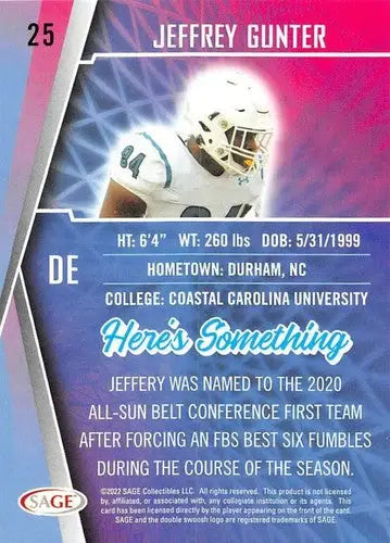 Original gloss 2022 Sage Low Series Jeffrey Gunter football card displayed
