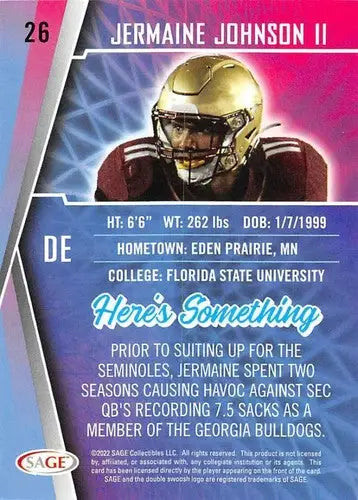Football trading card from 2022 Sage Low Series featuring Jermaine Johnson II NM-MT