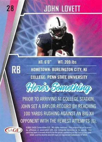 Football card back from 2022 Sage Low Series featuring John Lovett in original gloss style