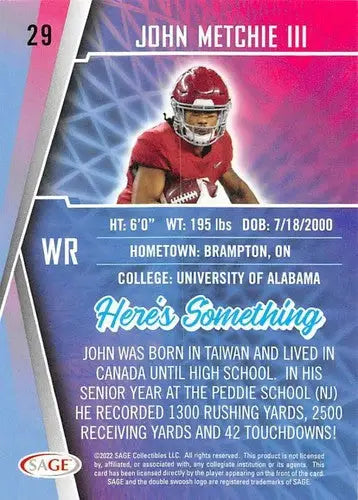 Original gloss of John Metchie III football card from Sage Low Series Simply Sandoval