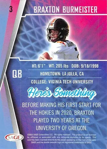 Original gloss Braxton Burmeister football card from Sage Low Series by Simply Sandoval