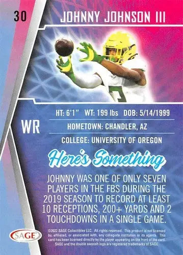 Original gloss Football trading card from Sage Low Series featuring Johnny Johnson III