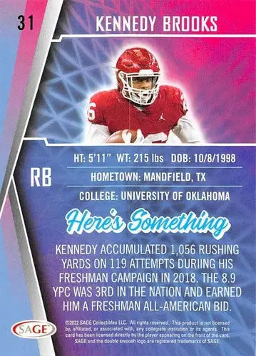 Kennedy Brooks football card from Sage Low Series with original gloss by Simply Sandoval