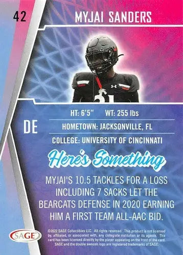 2022 Sage Low Series #42 Myjai Sanders football card with original gloss from Simply Sandoval