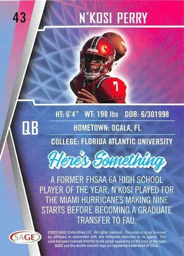 2022 Sage Low Series #43 N’kosi Perry NM-MT ID:41487 - Football Card Single