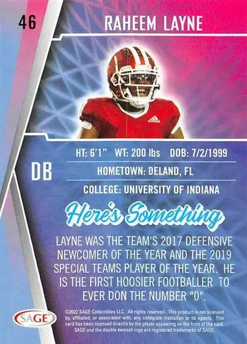 2022 Sage Low Series #46 Raheem Layne NM-MT ID:41489 - Football Card Single