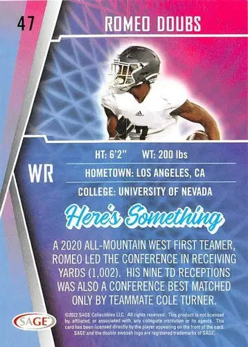 Romeo Doubs football card from 2022 Sage Low Series with original gloss Simply Sandoval