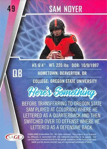 Football trading card from 2022 Sage Low Series featuring Sam Noyer with original gloss