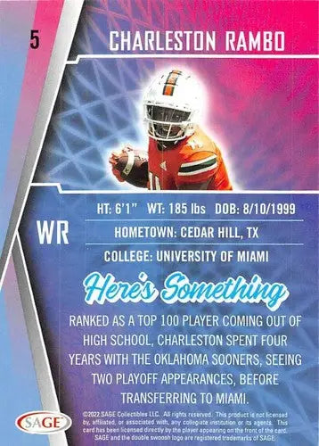 2022 Sage Low Series #5 Charleston Rambo NM-MT ID:41462 - Football Card Single