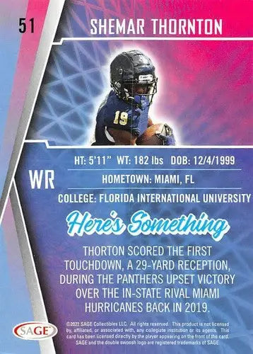 Shemar Thornton football card from 2022 Sage Low Series with original gloss and Simply Sandoval style
