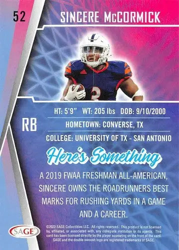 Original gloss Sincere McCormick football card from Sage Low Series simply sandoval collection