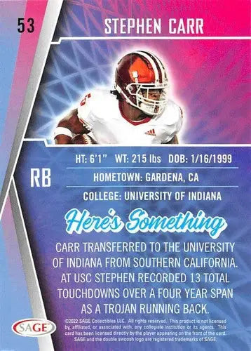 Stephen Carr football card from 2022 Sage Low Series with original gloss by Simply Sandoval