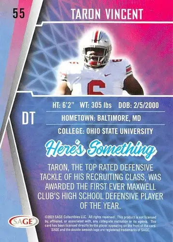 Football trading card from 2022 Sage Low Series featuring Taron Vincent with original gloss