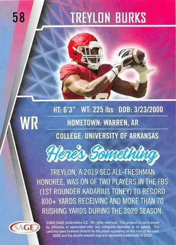 Original gloss of Treylon Burks football card from 2022 Sage Low Series by Simply Sandoval
