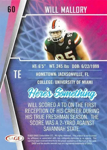 2022 Sage Low Series #60 Will Mallory NM-MT ID:41500 - Football Card Single