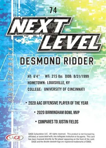 Original gloss of Desmond Ridder football card from 2022 Sage Low Series Simply Sandoval