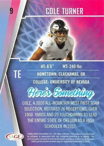 2022 Sage Low Series Cole Turner football card with original gloss, valued by Simply Sandoval
