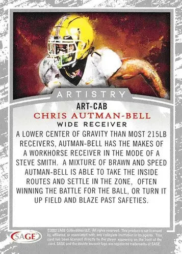 Football card featuring Chris Autman-Bell with original gloss from Sage Low Series